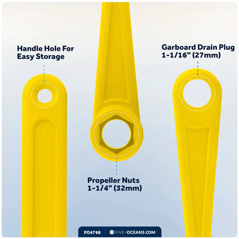 Close-up of All In One Universal Prop Wrench Kit With Multiple Sockets For Boat Prop Nuts 17/32 To 1-1/4 In, yellow with handle hole.