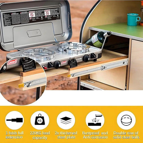 Open camping stove with Locking Drawer Slides Built To Last 500 Lb Load Capacity Side Mount Full Extension Ball Bearing Rails
