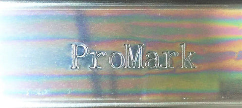 Close-up of ProMark logo engraved on a multicolored metallic surface