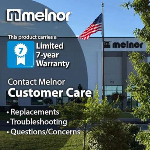 Exterior view of Melnor building with 7-year warranty badge and customer care contact.