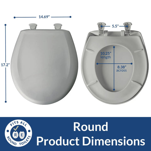 Bold Black Slow Close Toilet Seat With Easy Clean Hinges Durable Plastic Round Made In USA dimensions view