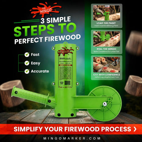 Dead On Firewood Measuring Tool And Log Line Marking Accessory With 16 Inch Rolling Wheel To Nail Perfect Chainsaw Cuts Every Time No More Guessing Solid Heavy Duty Gear, green handheld tool with wheel.