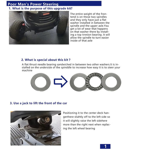 Front Wheel Bushing To Bearing Conversion Kit diagram and installation for lawn tractors and walk behind mowers, showing bearings and washers.
