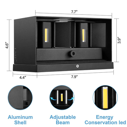 Up and Down Outdoor Wall Sconce Set, 12W LED Porch Lights dimensions, black aluminum, adjustable beam detail