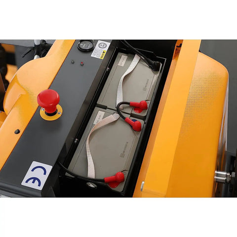 Heavy Duty Electric Counterbalanced Pallet Stacker Crushes Loads Up To 1200 Lbs showing battery compartment and control panel.