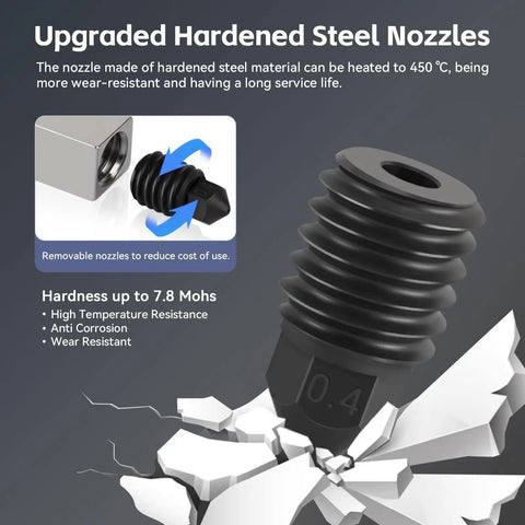 Upgraded 0.4mm hardened steel nozzle for Kobra 3 And Kobra 3 V2 Ceramic Hotend Upgrade Kit with heat resistance detail.