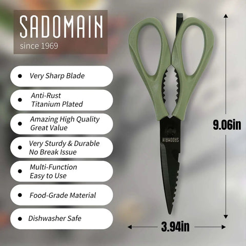 All-Purpose Kitchen Scissors With Extra Sharp Blades, Built-In Knife Sharpener And Sheath, Stainless Steel Anti-Rust Black Titanium Plated, Dishwasher Safe, Heavy Duty Shears For Poultry Meats And Everyday Cutting, Green, 9.06in