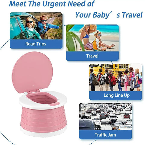 Hassle Free Foldable Toddler Potty Seat With Extra Liners And Carry Tote Ultra Slim Travel Toilet For Kids in pink color for road trips.