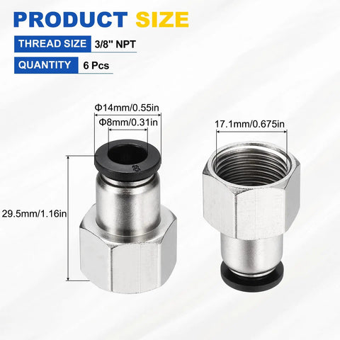 Push to Connect Pneumatic Fittings Set, Nickel Plated Brass Female Adapter, 3/8 NPT, 8mm Tube OD, product size dimensions