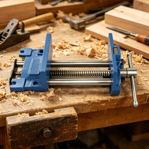 Huge 7 Inch Mountable Carpentry Bench Clamp Work Vise with navy cast iron and steel for securing lumber on the workbench.