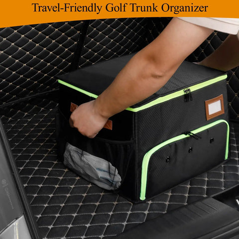 Person adjusting Double Layer Golf Trunk Organizer with Shoe Compartment and Waterproof Storage in car trunk, black and green.
