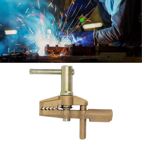 Welder using 800A Brass Welding Ground Clamp with Rubber Sleeve, 35mm Opening for top-notch electrical conductivity.