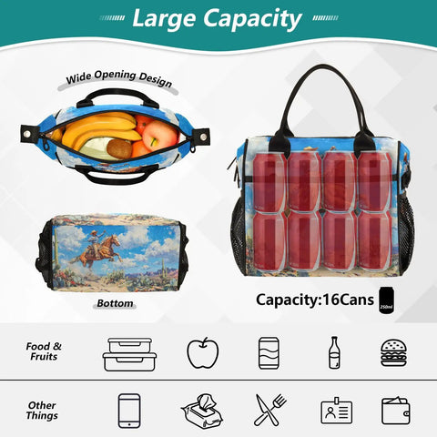 Desert Cooler Lunch Bag With Insulated Tote, showing capacity for 16 cans, fruits, and a scenic design on nylon exterior.