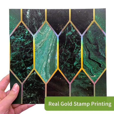 Holographic Emerald Art Deco Peel And Stick Backsplash Tiles Self Adhesive PVC Wall Tiles with hex pattern shown in hand.