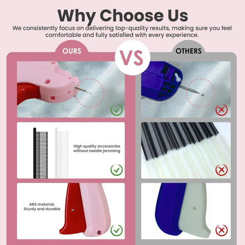 Comparison of Mini Stitch Gun For No Sew Hem Fix And Button Rescue Kit with competitor, highlighting features and materials.