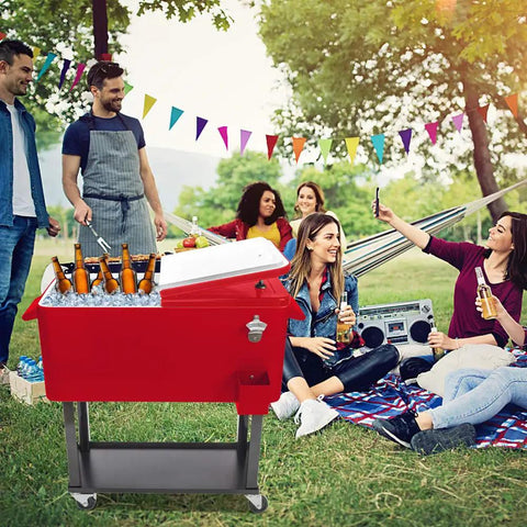 80 Qt Rolling Cooler Ice Chest Cart With Bottle Opener And Bottom Shelf For Backyard Patio Parties with drinks and people.