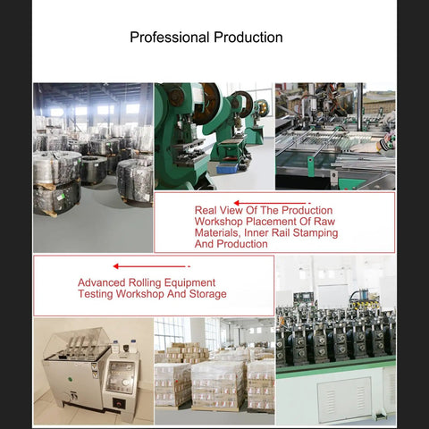 Professional production facility showing raw materials, rail stamping, advanced rolling equipment for drawer slide manufacturing.