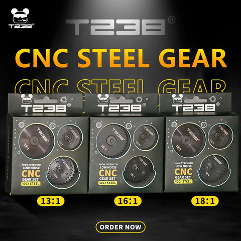 Spiral Gear Set For AEG V2 V3 Gearbox Upgrade Kit 18 To 1 displayed in packaging with CNC Machined 40Cr Steel features.