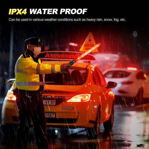 Traffic officer using 4 Pack 21 Inch LED Traffic Wand For Air Traffic Control With 3 Flashing Modes, Ideal For Airport Parking.