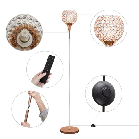 Crystal Floor Lamp In Rose Gold With Remote Control showing bulb, remote, assembly, and switch details