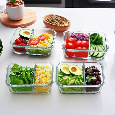 10 Pack Glass Meal Prep Containers With Two Compartments And Airtight Lids 30 Oz Each Durable Glass Food Storage on counter filled