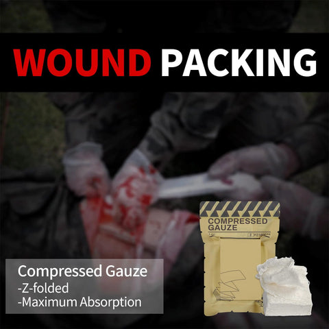 Rhino Rescue sterile compressed gauze, 6-pack with beige pouch and white gauze, front view