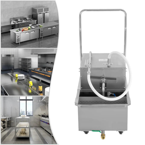 LARIDEN Mobile Fryer Oil Filter Cart Machine For Restaurant, stainless steel filtration system with pump and hose in kitchen setting.