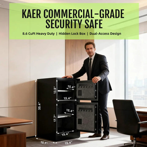 Heavy Duty Dual Door Safe Box With Hidden Lock And Fireproof Waterproof Bag Removable Shelves Quiet Operation 8.6 Cubic Foot Fireproof Safe For Home Office And Hotel Security shown in office with open doors and measured dimensions
