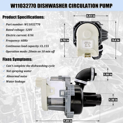 Dishwasher Circulation Pump Motor Assembly Replacement Parts Fits W10529163 W10885542 W10864037 W10816492 With Plug And Play Install And Reliable Performance For Most Models, W11032770, 7.25 in