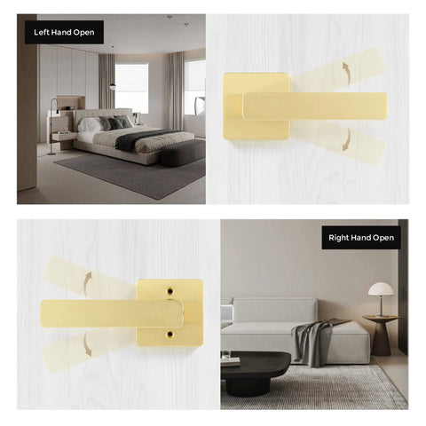 Gold Door Knob Set 5 Pack With Sleek Boss Look Corner Design Keyless Passage Handles installed on modern doors