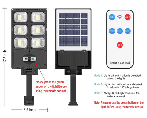 Beast Mode 150W Solar Flood Light Outdoor with motion sensor and remote, dimensions 17.5x6.5 inches, front and remote view