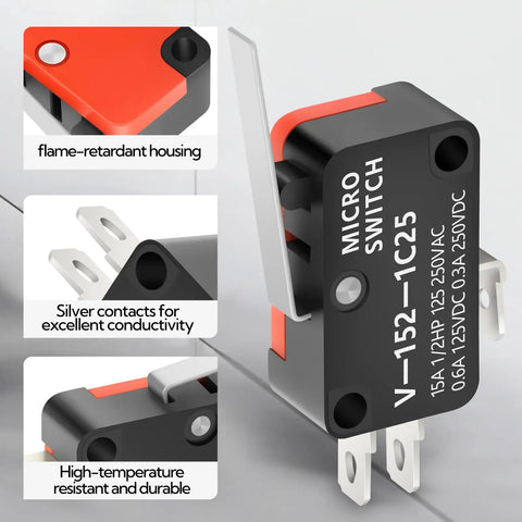 Built Tough 20Pcs 15A 125 250VAC Straight Hinge Lever Arm Micro Switch with fire-resistant housing and silver contacts visible.