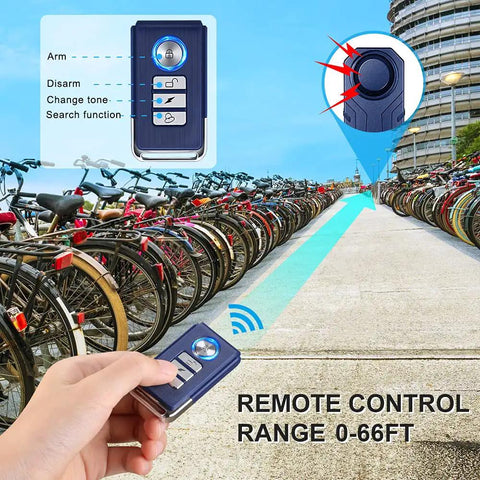 Remote control for Beefed Up Wireless Bike Alarm With 113dB Siren Anti Theft Motion And Vibration Sensor, demonstrating 66ft range