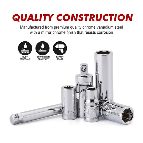 Chrome vanadium steel components from Beefy 1/4 Inch Drive Master Socket Set With Ratchets, Adapters, Extensions, And Bits, Inch And Metric.