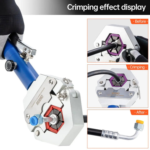 Hydra-Krimp 71500 Manual Air Conditioning Hose Crimper Kit showing before and after crimping effects on beadlock fittings.
