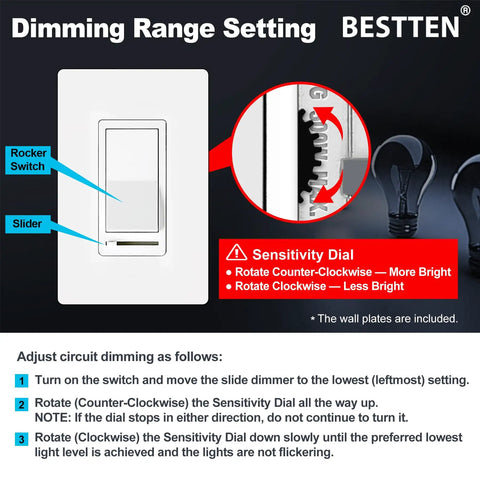 Flicker Free Dimmer Switch Pack For LED CFL Incandescent And Halogen Bulbs, 10 Pack, Single Pole Or 3 Way, Slide Dimmer With Side Adjustment Wheel