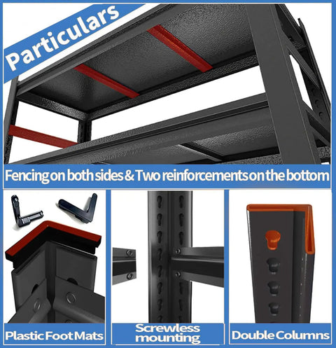 Rock Solid Five Tier Metal Bookshelf Featuring Adjustable Steel Shelves And Double Reinforced Columns Heavy Duty Storage Shelving Unit showing supports and reinforcements.
