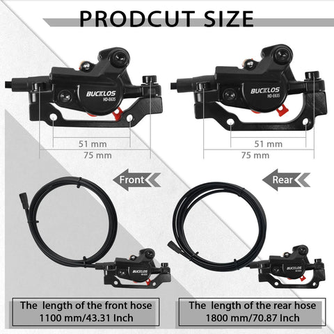Bucklos e-bike hydraulic disc brake set; 180mm rotors, 2-piston, aluminum lever; front 1100mm, rear 1800mm