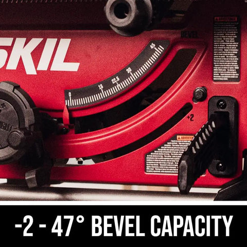 Solid 15 Amp 10 Inch Table Saw Featuring Kickass Precision Cuts And Rack And Pinion Fence Rails For Dead On Accuracy Plus Foldaway Legs For Total Ease And No Sweat Storage On Any Job Site displaying 47 degree bevel capacity indicator.