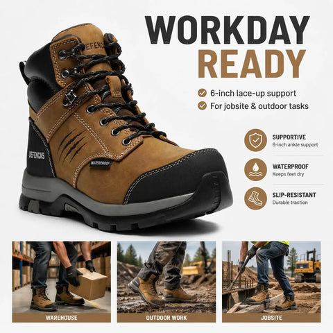 Men's Six Inch Waterproof Work Boots Featuring Soft Toe Comfort And Slip Resistant Tread Engineered For Long Haul Shifts And Muddy Trade Sites Built Tough for outdoor tasks.
