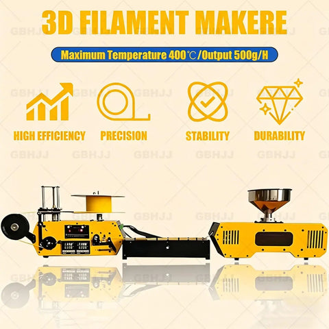 Desktop 3D Filament Extruder Recycler With Auto Coil Winding And Integrated Filament Holder showing 3D filament maker machine features.