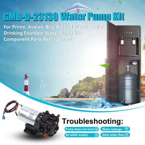 Water Pump Kit for Primo, Avalon, and Brio Bottled Water Dispensers, 12V DC, 0.32 GPM, Replacement DP005A2, Easy DIY Install, Fix Slow or No Water Flow, Keeps Your Water Cooler Pumping, shown with pump and tubing