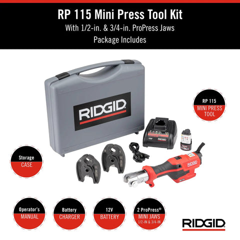 Ultra Lightweight Mini Press Tool Kit With ProPress Jaws For One Half To Three Quarters Inch, 2V LiIon Battery, 12V Charger, And Case