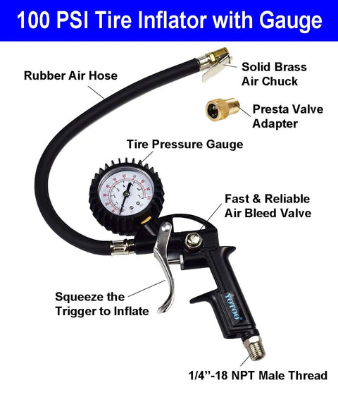 Heavy Duty Air Compressor Kit With 20 Pieces And 1/4 Inch By 25 Ft Polyurethane Hose 100 PSI Tire Inflator Gauge with labeled parts