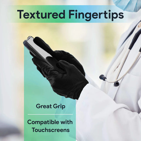 Front view of a black large nitrile glove on a gloved hand holding a touchscreen device
