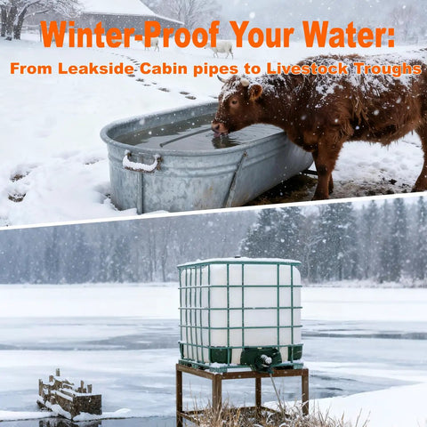 Cow drinking from trough and water tank in snowy field, related to Self Regulating Sewage Pipe Heating Cable For Buried Pipes And Wastewater Lines