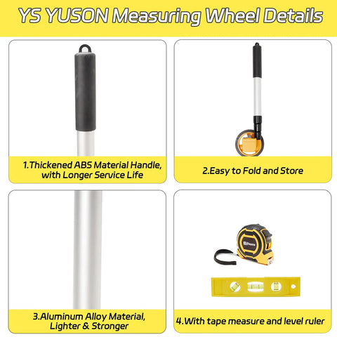 Heavy Duty Digital Walking Measuring Wheel For Construction With 4 Inch Tire showing collapsible ABS and aluminum materials.