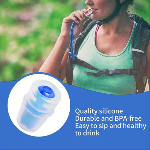 Woman using 4 Pack Bite Valve Replacement Mouthpiece For Hydration On The Go Bladders And Water Backpacks, BPA Free, Blue
