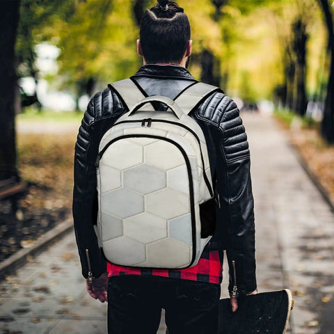 Person wearing Neutral Marble Hexagon Tile Texture Printed Unisex Backpack With Large Capacity For Daily Use Durable Polyester Daypack