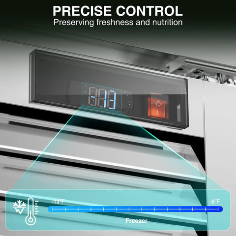 Heavy Duty Two Door Reach In Commercial Freezer, 35 Cu Ft Upright Stainless Steel control panel displaying temperature settings.